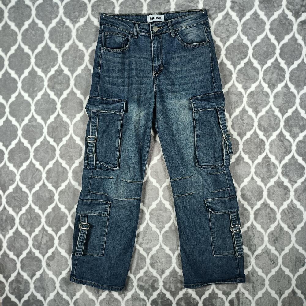 Disclosure‎ Cargo Jeans Women Size 7 28 Wide Leg Baggy Y2K Rave Denim Y2K